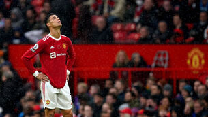 <p>Manchester United's Cristiano Ronaldo stands dejected following the Premier League defeat to Manchester City at Old Trafford. Picture: Martin Rickett/PA</p>
