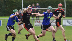<p> Michael Gavin, Ardscoil Rís bursting between Darragh McCarthy, and Adam Steed of Nenagh CBS during their Dr. Harty Cup Munster Post Primary Schools A U19 hurling championship at Sixmilebridge. Picture Dan Linehan</p>