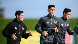<p>Callum O’Dowda with Josh Cullen, left, and Jamie McGrath, right, during a Republic of Ireland training session at the FAI National Training Centre in Abbotstown, Dublin. Photo by Stephen McCarthy/Sportsfile</p>