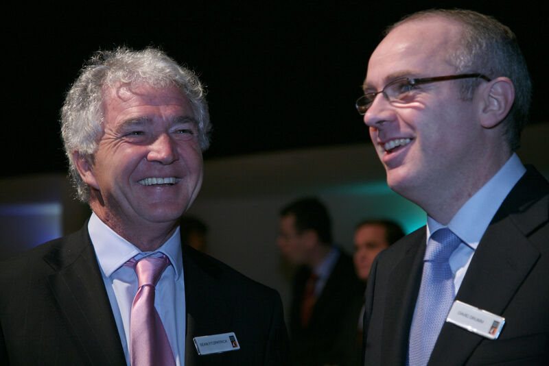 Former chairman of Anglo Irish Bank Seán FitzPatrick laughing with Chief Executive David Drumm. Anglo around the world became a byword for reckless lending during the boom.