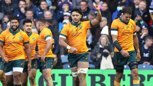 <p>Australia's Rob Leota (centre) celebrates scoring their side's first try of the game with team-mates during the Autumn Internationals match at BT Murrayfield Stadium, Edinburgh. Picture: Steve Welsh/PA Wire</p>
