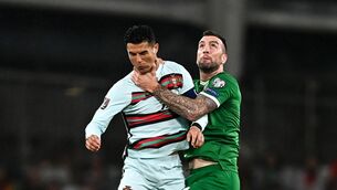 <p>11 November 2021; Cristiano Ronaldo of Portugal in action against Shane Duffy of Republic of Ireland during the FIFA World Cup 2022 qualifying group A match between Republic of Ireland and Portugal at the Aviva Stadium in Dublin. Photo by Eóin Noonan/Sportsfile</p>