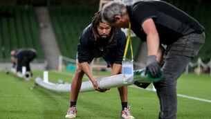 <p>A view of the Aviva Stadium being changed after Thursday night's Ireland vs Portugal soccer game, in preparation for Saturday afternoon's Ireland vs New Zealand All Blacks rugby game. Picture: INPHO/Dan Sheridan</p>