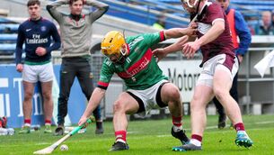 <p>Loughmore Castleiney’s Liam McGrath holds off Borris-Ileigh’s Jody Harkin in the closing stages of the Tipperary SHC semi-final. Loughmore Castleiney will be contesting both Tipperary SHC and SFC finals over the coming two Sundays. 	<span class="contextmenu emphasis CaptionCredit">Picture: Eamonn McGee</span>
            </p>