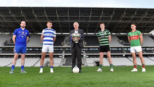 <p>Harry Canning, general manager, Bon Secours, Cork with some of the players from this weekend’s Bon Secours Cork PSFC semi-finals at Páirc Uí Chaoimh, John Kerins, St Finbarr’s; Mark Collins, Castlehaven; Brian Hartnett, Douglas, and Eoghan Deasy, Clonakilty</p>