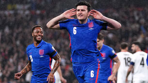 <p>Harry Maguire found himself in hot water for this celebration of his goal against Albania (John Walton/PA)</p>