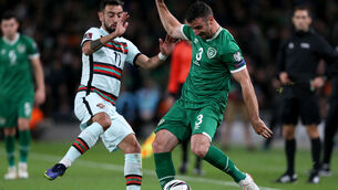 <p>Enda Stevens battles Bruno Fernandes on Thursday. Stevens says Ireland’s defeat to Luxembourg earlier in the campaign was a low point they are determined to right. <span class="contextmenu emphasis CaptionCredit">	Brian Lawless/PA</span>
            </p>