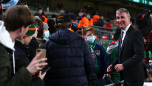 <p>Ireland manager Stephen Kenny with fans ahead of the Portugal game. Picture: INPHO/Laszlo Geczo</p>
