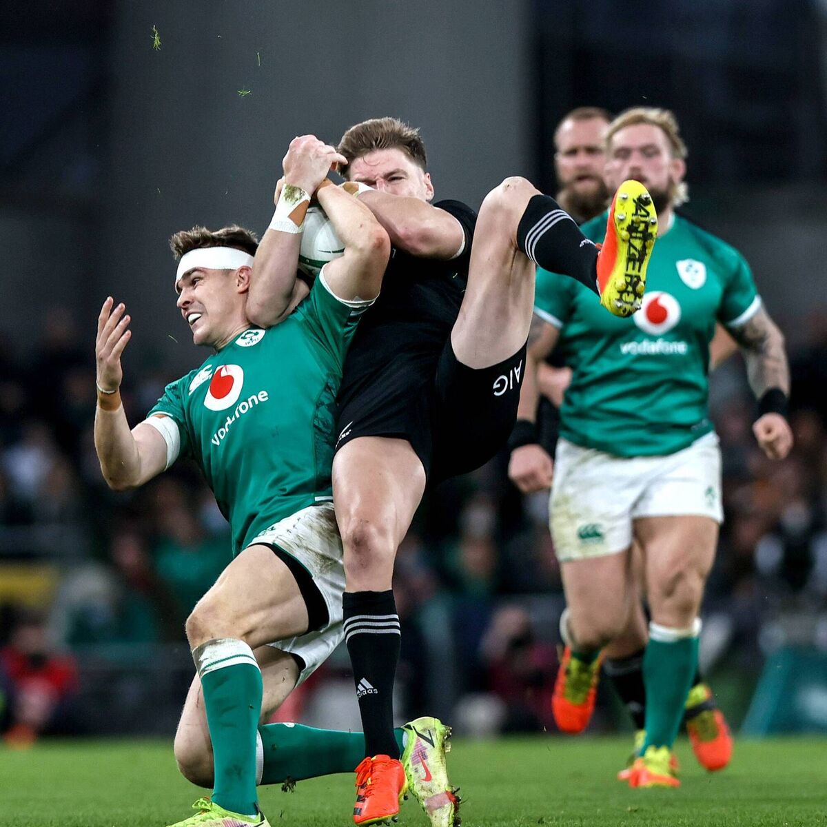Ireland's Garry Ringrose competes in the air with Jordie Barrett of New Zealand Pic: Gary Carr, Inpho