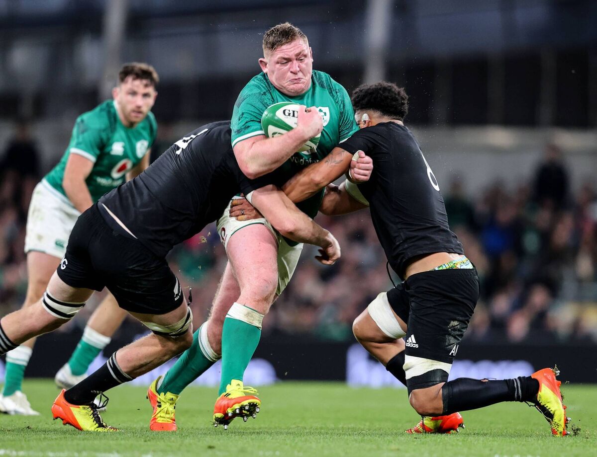 POWERHOUSE: Ireland's Tadhg Furlong comes up against Brodie Retallick and Ardie Savea of New Zealand Pic: Dan Sheridan, Inpho