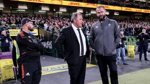<p>MUTUAL RESPECT: New Zealand Assistant coach Greg Feek and Head Coach Ian Foster chat with Ireland counterpart Andy Farrell after the game. Pic: Dan Sheridan, Inpho</p>