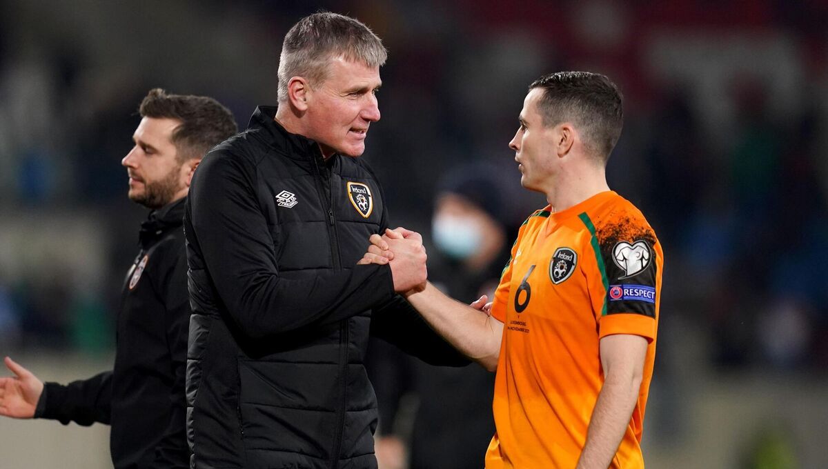 Republic of Ireland manager Stephen Kenny and Josh Cullen at full time after the FIFA World Cup Qualifying match at the Stade de Luxembourg, Luxembourg City. Picture: John Walton/PA