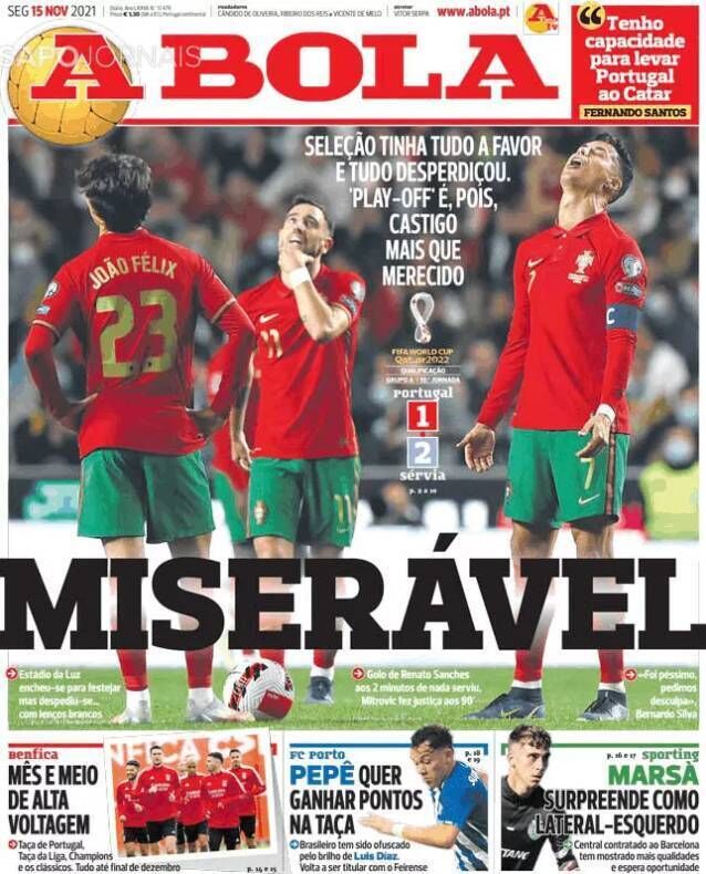 A Bola, Portugal sports daily, after Sunday's shock loss to Serbia