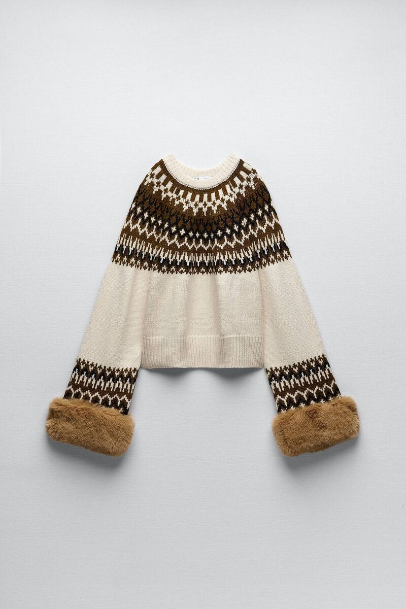 Faux fur jacquard sweater, Zara, €39.95 Faux fur jacquard sweater, Zara, €39.95