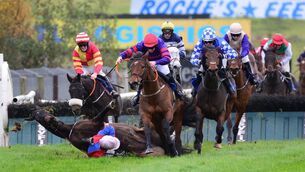 <p>EVASIVE ACTION: Secret Sea and Donie McInerney (right) get the better of Global Mayhem (purple silks) to win the Fexco Asset Finance Handicap Hurdle having avoided final-flight faller Lyla Garrity and jockey Gavin Brouder. Horse and jockey were OK after the incident. 	<span class="contextmenu emphasis CaptionCredit">Picture: Healy Racing</span>
            </p>