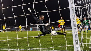 <p>Ollie O’Neill fires past Sweden goalkeeper Samuel Brolin in injury time in Tallaght. 	<span class="contextmenu emphasis CaptionCredit">Picture: Seb Daly/Sportsfile</span>
            </p>