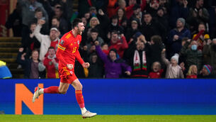 <p>Kieffer Moore celebrates scoring Wales’ equaliser against Belgium (David Davies/PA).</p>