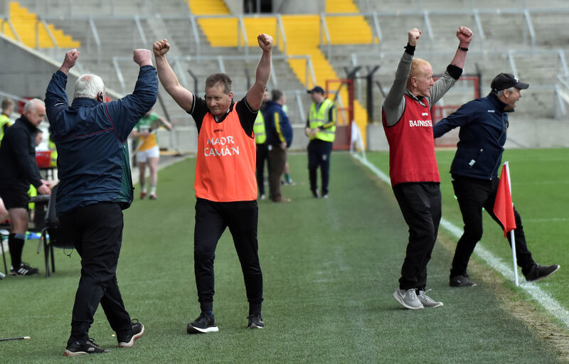 Fr O'Neill's manager Robbie Dalton and stats man Seamus Joyce and trainer Sean Prendergast after defeating against Bride Rovers. Picture: Eddie O'Hare Fr O'Neill's manager Robbie Dalton and stats man Seamus Joyce and trainer Sean Prendergast after defeating against Bride Rovers. Picture: Eddie O'Hare