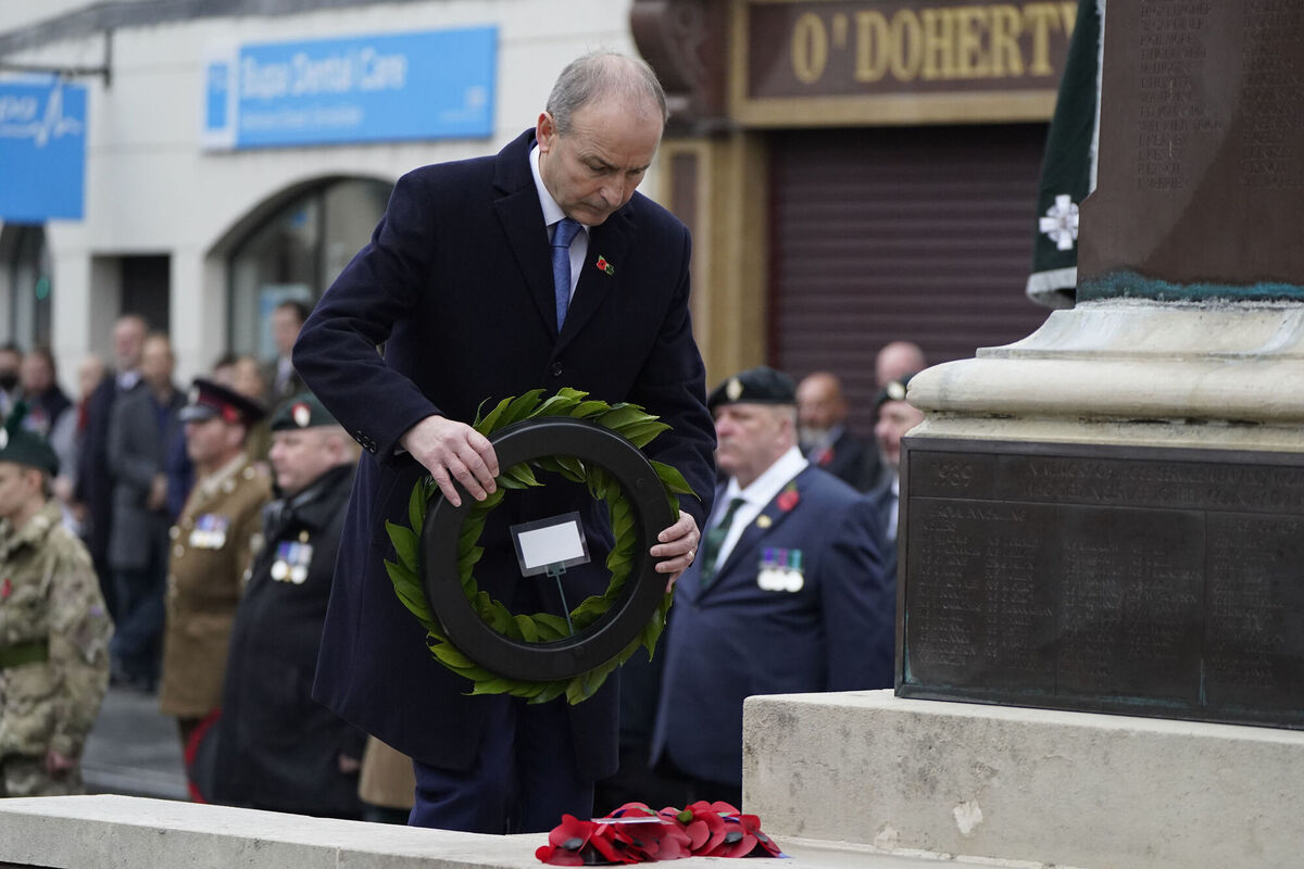 Taoiseach Michael Martin lays a wreath during the Remembrance Sunday service at the Cenotaph in Enniskillen on Sunday, November 14. Picture: Niall Carson/PA