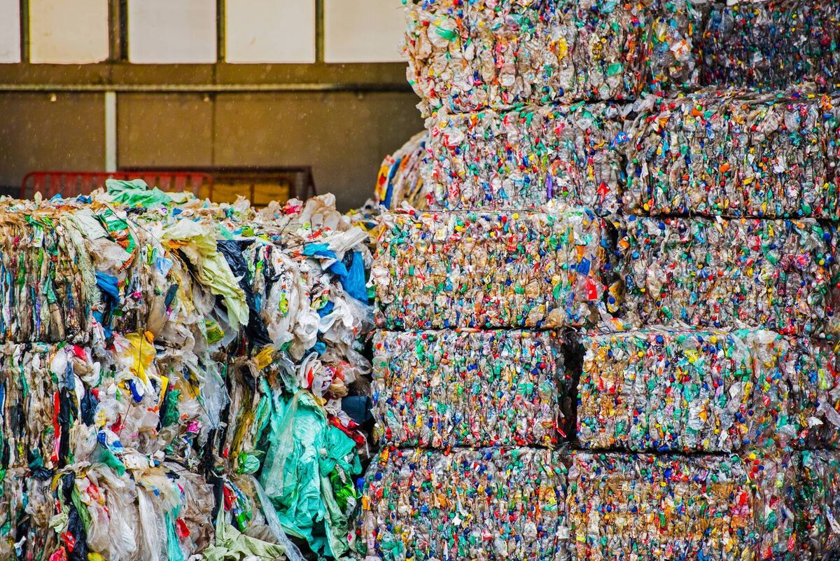 Stacked bales of plastic for recycling. Every year, 20% of what Irish people put into household waste would have been recyclable, while perhaps 30% of what we put in recycling is actually general waste, which can often contaminate recyclables, rendering them useless. 