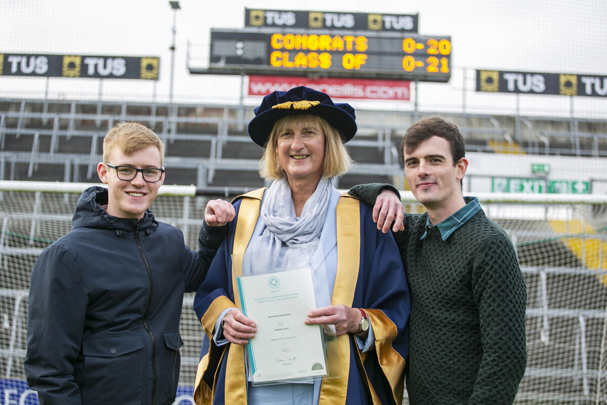 Dr Vanessa Lacey of Waterford City with her sons Alan (left) and Shane at the recent outdoor graduation ceremony. Vanessa was awarded a Doctor of Philosophy for her thesis "Can I still say Dad?": An Exploration of Loss and Grief experienced by Irish Adult Transgender Women and their Families. Picture: Arthur Ellis Dr Vanessa Lacey of Waterford City with her sons Alan (left) and Shane at the recent outdoor graduation ceremony. Vanessa was awarded a Doctor of Philosophy for her thesis "Can I still say Dad?": An Exploration of Loss and Grief experienced by Irish Adult Transgender Women and their Families. Picture: Arthur Ellis