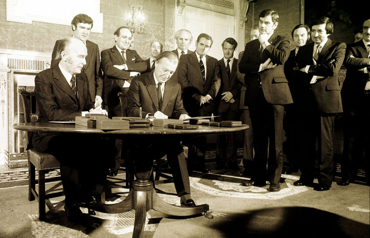  Fianna Fáil leader and Taoiseach Charles Haughey receives his Seal of Office from President Patrick Hillary at Aras An Uachtarain in 1982. Photo: RollingNews.ie