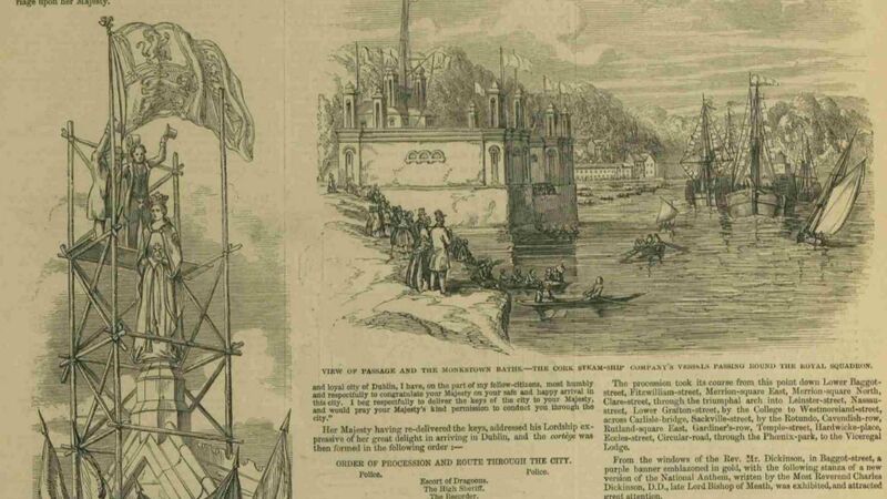 A page from the Illustrated London News in 1849, showing the unveiling of the statue of Queen Victoria at UCC, and the royal squadron passing Monkstown, Co Cork.