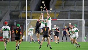 <p> Lorcan O'Neill and Aidan Walsh, Kanturk, battle for the dropping ball with Tadhg Twomey and Colm O'Donovan of Newcestown at Páirc Uí Chaoimh. Picture: Jim Coughlan</p>