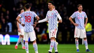 <p>WHAT'S GOING ON? Manchester United's Cristiano Ronaldo and Bruno Fernandes dejected after Watford's second goal at Vicarage Road</p>