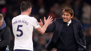 <p>Tottenham Hotspur manager Antonio Conte (right) celebrates with Pierre-Emile Hojbjerg at the end of the Premier League match at the Tottenham Hotspur Stadium, London. Picture: Adam Davy/PA</p>