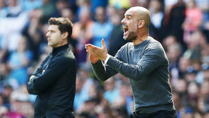 <p>Pep Guardiola, right, is preparing to face Mauricio Pochettino (Martin Rickett/PA)</p>