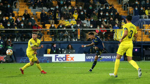 <p>Jadon Sancho scores Manchester United's second goal of the game during the Uefa Champions League, Group F win at Villarreal last night. Picture: Isabel Infantes/PA Wire.</p>