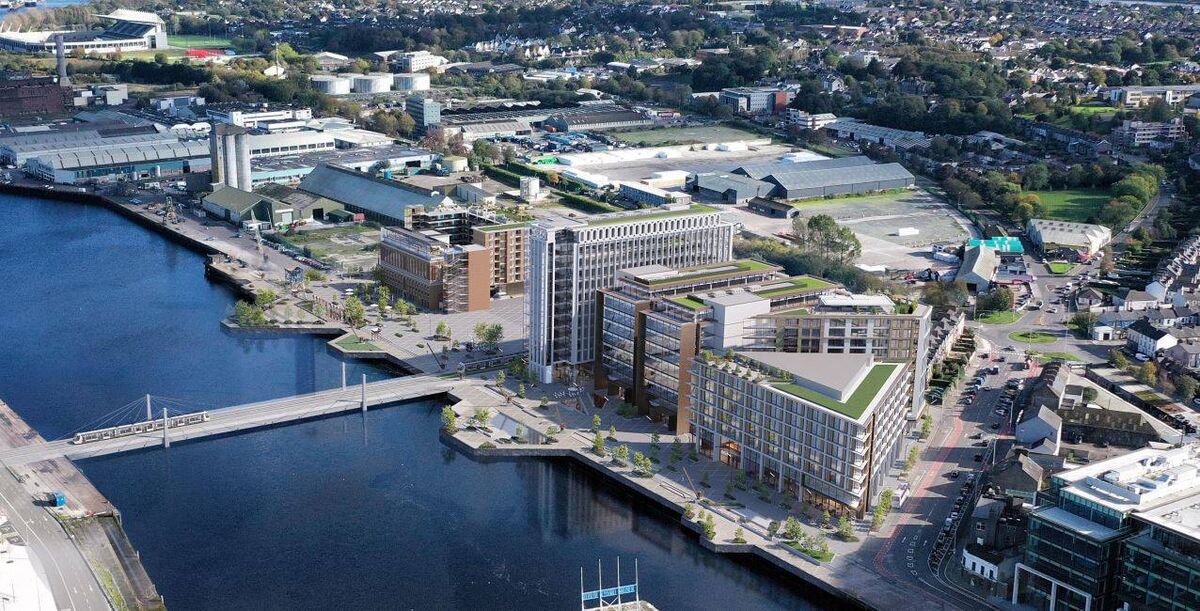 A view of the proposed development on Kennedy Quay showing the Rehabilitation Hospital at the junction with Victoria Road, the residential block, the three office buildings, including the new Silo building and the re-purposed Odlums building. A view of the proposed development on Kennedy Quay showing the Rehabilitation Hospital at the junction with Victoria Road, the residential block, the three office buildings, including the new Silo building and the re-purposed Odlums building.