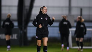 <p>Arsenal’s McCabe was left writhing in agony from a foul by Manchester United defender Aoife Mannion in Sunday’s Women’s Super League game. Picture: Stephen McCarthy/Sportsfile</p>