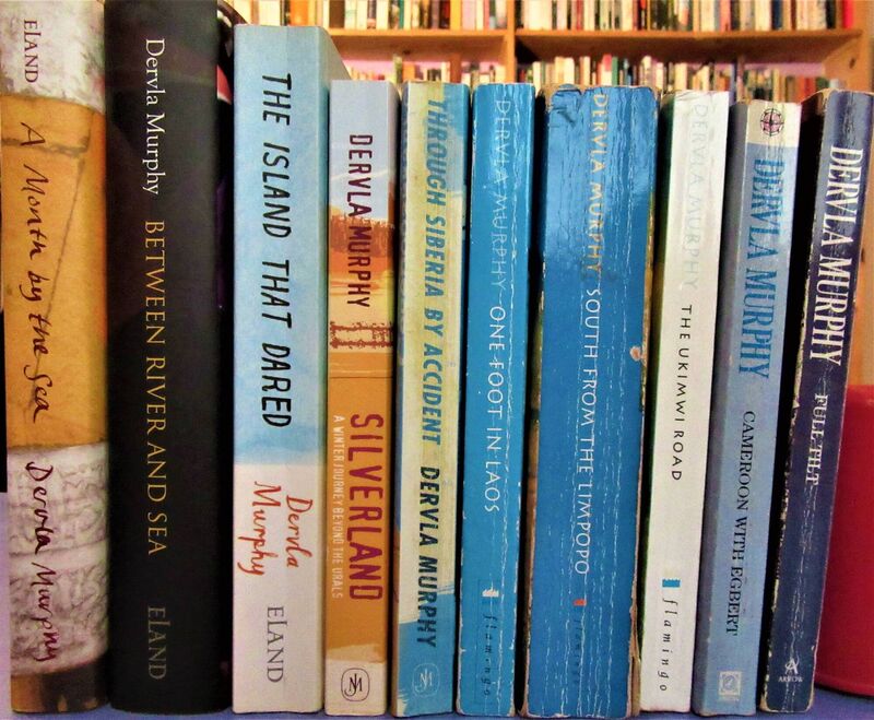 A selection of Dervla Murphy's work on her shelves