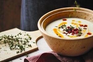 Potato, parsley and thyme soup with chorizo