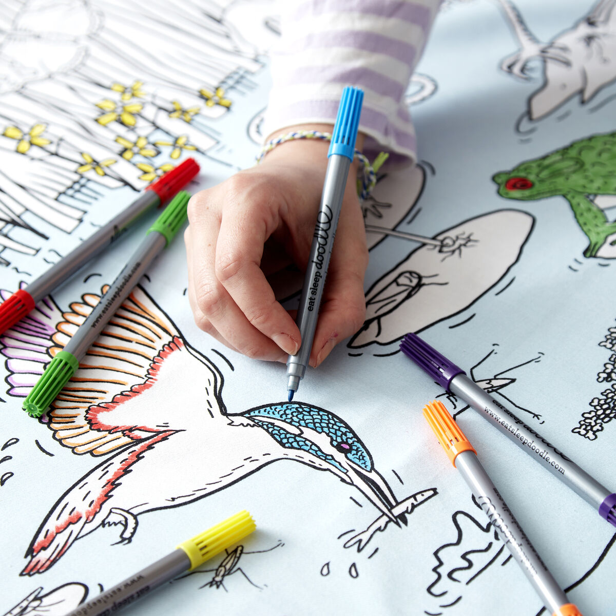 Wildlife tablecloth. Colour in and then wash out at 30C and start again. €28.95. Pen sets available from €7.95, eatsleepdoodle.eu. Wildlife tablecloth. Colour in and then wash out at 30C and start again. €28.95. Pen sets available from €7.95, eatsleepdoodle.eu.