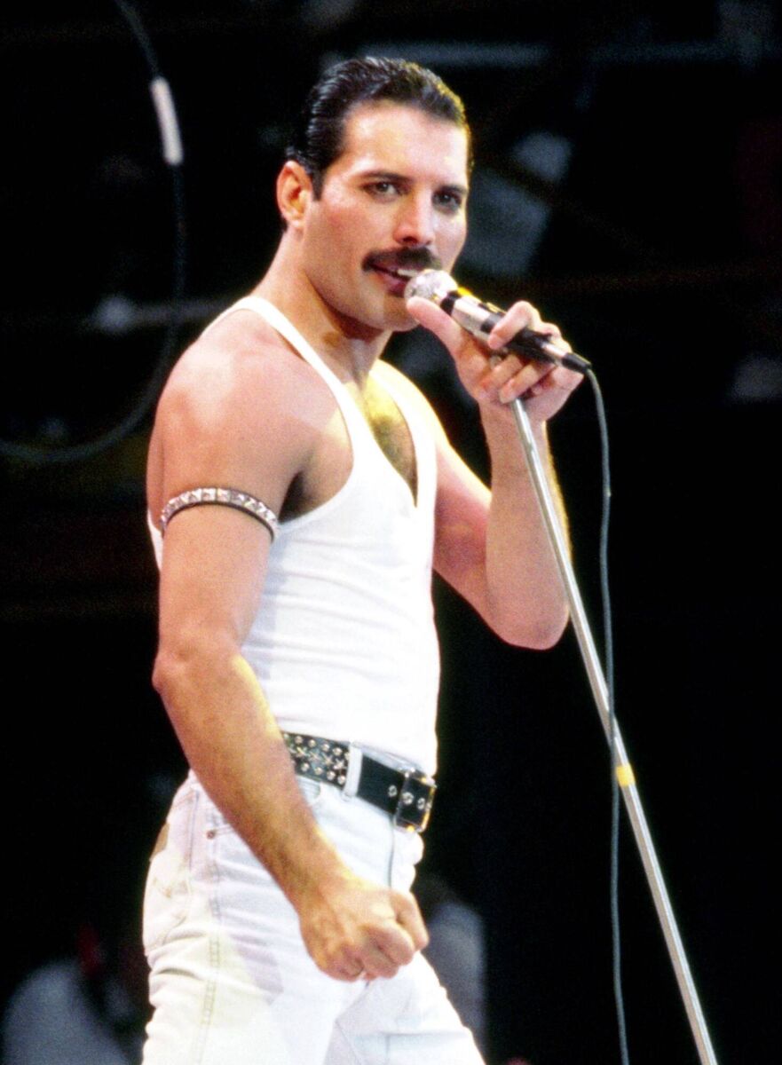 Freddie Mercury, lead singer with the rock group Queen, during the Live Aid concert in July 1985