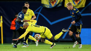 <p>Manchester United's Fred (left) and Donny van de Beek battle for the ball with Villarreal's Etienne Capoue during the UEFA Champions League, Group F match at the Estadio de la Ceramica in Villarreal, Spain. Picture: Isabel Infantes/PA</p>