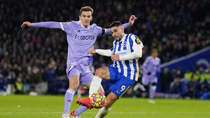 <p>Brighton’s Neal Maupay (right) missed a glorious chance to score (Adam Davy/PA).</p>