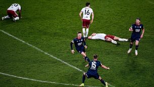 <p>Chris Forrester celebrates with team-mate Billy King after scoring St Patrick's Athletic first goal during the FAI Cup Final against Bohemians at the Aviva Stadium. Picture: Ben McShane/Sportsfile</p>