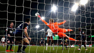 <p>St. Patrick's goalkeeper Vitezslav Jaros makes a late save </p>