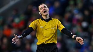 <p>Referee David Murnane convinces St Finbarr's players on his decision to award a free to Clonakilty during the Cork Premier SFC final. Picture: Piaras Ó Mídheach/Sportsfile</p>