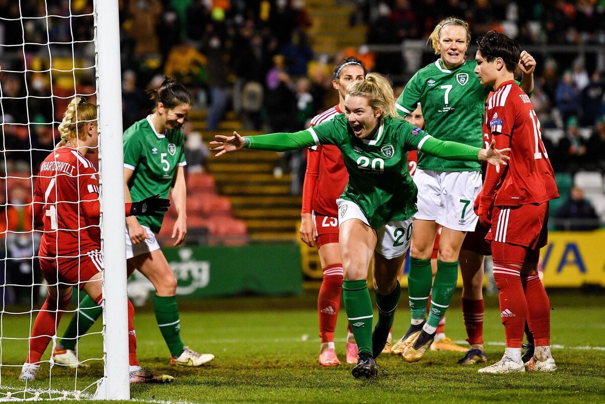 Saoirse Noonan of Republic of Ireland celebrates after scoring her side's ninth goal during the FIFA Women's World Cup 2023 qualifying group A match between Republic of Ireland and Georgia at Tallaght Stadium in Dublin. Photo by Eóin Noonan/Sportsfile Saoirse Noonan of Republic of Ireland celebrates after scoring her side's ninth goal during the FIFA Women's World Cup 2023 qualifying group A match between Republic of Ireland and Georgia at Tallaght Stadium in Dublin. Photo by Eóin Noonan/Sportsfile