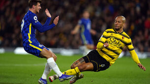 <p class="contextmenu internal_Caption">Watford’s William Troost-Ekong (right) with a hefty challenge on Chelsea’s Mason Mount which earned a booking at Vicarage Road. 	<span class="contextmenu emphasis CaptionCredit">Picture: Mike Egerton/PA Wire</span>
            </p>