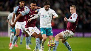 <p>Aston Villa's Ollie Watkins and Matt Targett (right) combine to tackle Manchester City's Bernardo Silva (centre) during the Premier League match between Aston Villa and Manchester City at Villa Park, Birmingham. Picture: Nick Potts/PA Wire </p>