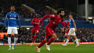 <p class="contextmenu internal_Caption">Liverpool’s Mohamed Salah celebrates scoring his side’s third goal in the victory over Everton at Goodison Park. 	<span class="contextmenu emphasis CaptionCredit">Picture: Peter Byrne/PA Wire</span>
            </p>