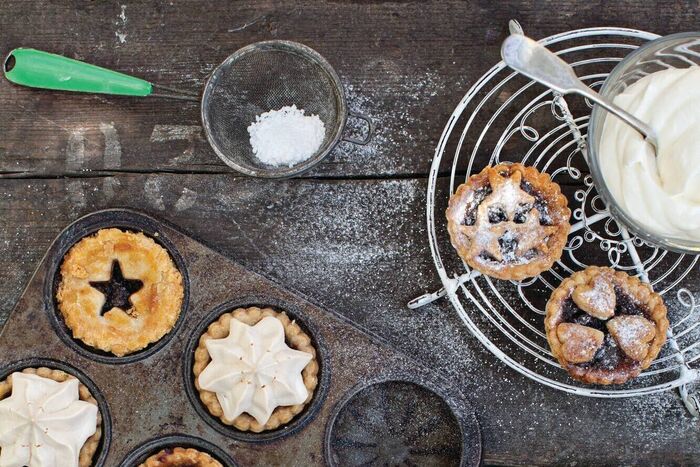 Ballymaloe mince pies with various toppings and whiskey cream