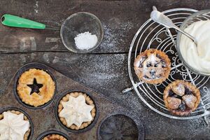 Ballymaloe mince pies with various toppings and whiskey cream