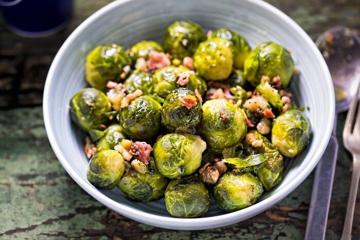 Brussels sprouts with hazelnuts and bacon